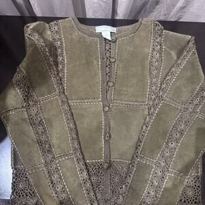 Vintage Suede Leather Crochet Patchwork Cardigan Jacket M Unworn!